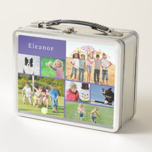 Personalised Kids Photo Collage Purple School Metal Lunch Box