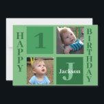 Personalised Kids Photo Cute Green Happy Birthday Card<br><div class="desc">Cool 2 photo square happy birthday card for a little boy or toddler. Celebrate your child's birthday with cute photographs of them on this "add your own photograph" card with fun green squares. Add their name and age.</div>