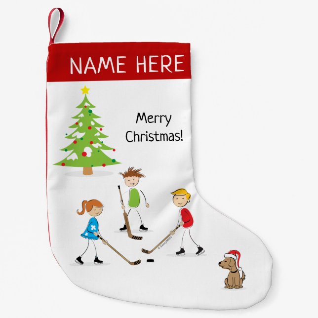 Personalised Kids Playing Pond Hockey Small Christmas Stocking (Front)