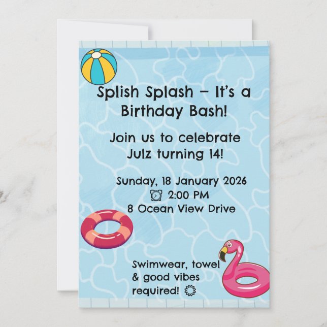 Personalised Kids Pool Party Invitation | Summer (Front)