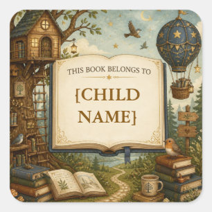 Personalised Kids Reading Bookplate Square Sticker