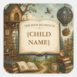 Personalised Kids Reading Bookplate Square Sticker