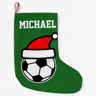 Personalised kids red green soccer ball santa hat small christmas stocking