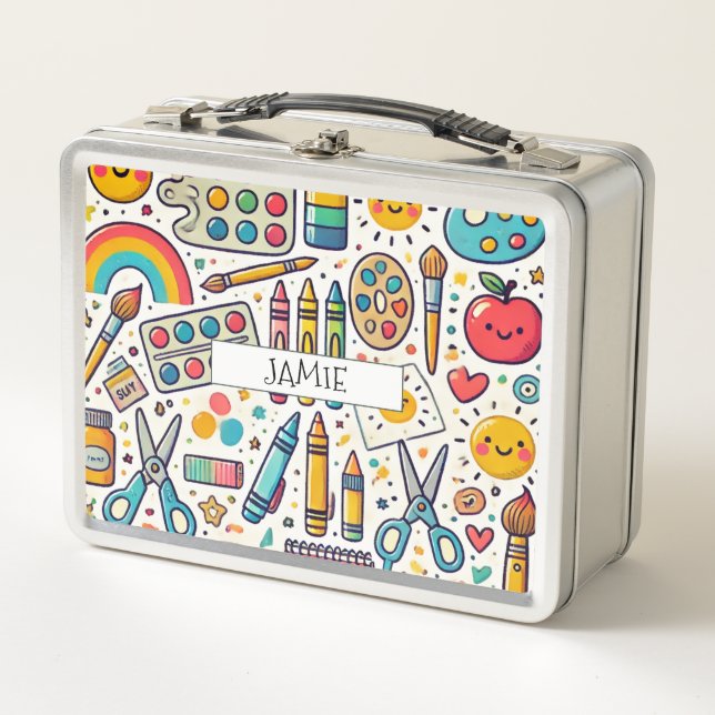 Personalised Kid's School Art Supplies Metal Lunch Box (Front)