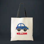 Personalised kid's tote bag with cute toy car logo<br><div class="desc">Personalised kid's tote bag with cute toy car logo. Fun Birthday or Christmas gift idea for preschool,   pre kindergarten and elementary school children. Little blue auto illustration. Handy canvas bag for school books,  sports equipment,  toys and more. Make one for son,  grandson,  nephew,  grandchild etc.</div>