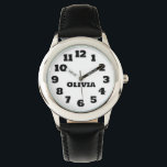 Personalised Kids' Watch<br><div class="desc">This image shows a children's watch featuring a round, silver-coloured case with a white dial. The watch has large, easy-to-read black numbers from 1 to 12, and the hour and minute hands are also black, with the words "HOUR" and "MINUTE" labelled on them. The name on the watch face can...</div>