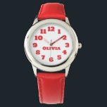 Personalised Kids' Watch<br><div class="desc">This image shows a children's watch featuring a round, silver-coloured case with a white dial. The watch has large, easy-to-read red numbers from 1 to 12, and the hour and minute hands are also red, with the words "HOUR" and "MINUTE" labelled on them. The name on the watch face can...</div>