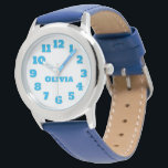 Personalised Kids' Watch<br><div class="desc">This image shows a children's watch featuring a round, silver-coloured case with a white dial. The watch has large, easy-to-read blue numbers from 1 to 12, and the hour and minute hands are also blue, with the words "HOUR" and "MINUTE" labelled on them. The name on the watch face can...</div>