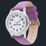 Personalised Kids' Watch<br><div class="desc">This image shows a children's watch featuring a round, silver-coloured case with a white dial. The watch has large, easy-to-read purple numbers from 1 to 12, and the hour and minute hands are also purple, with the words "HOUR" and "MINUTE" labelled on them. The name on the watch face can...</div>