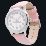 Personalised Kids' Watch<br><div class="desc">This image shows a children's watch featuring a round, silver-coloured case with a white dial. The watch has large, easy-to-read pink numbers from 1 to 12, and the hour and minute hands are also pink, with the words "HOUR" and "MINUTE" labelled on them. The name on the watch face can...</div>