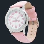 Personalised Kids' Watch<br><div class="desc">This image shows a children's watch featuring a round, silver-coloured case with a white dial. The watch has large, easy-to-read pink numbers from 1 to 12, and the hour and minute hands are also pink, with the words "HOUR" and "MINUTE" labelled on them. The name on the watch face can...</div>