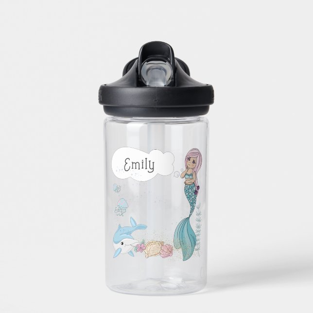 Personalised Kids Water Bottle W/Name - Mermaid (Front)