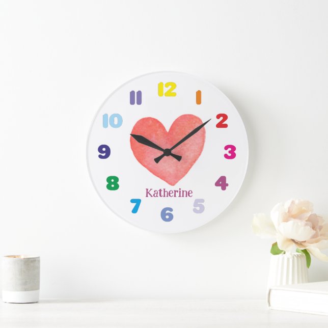 Personalised Kid's Watercolor Heart  Large Clock (Home)