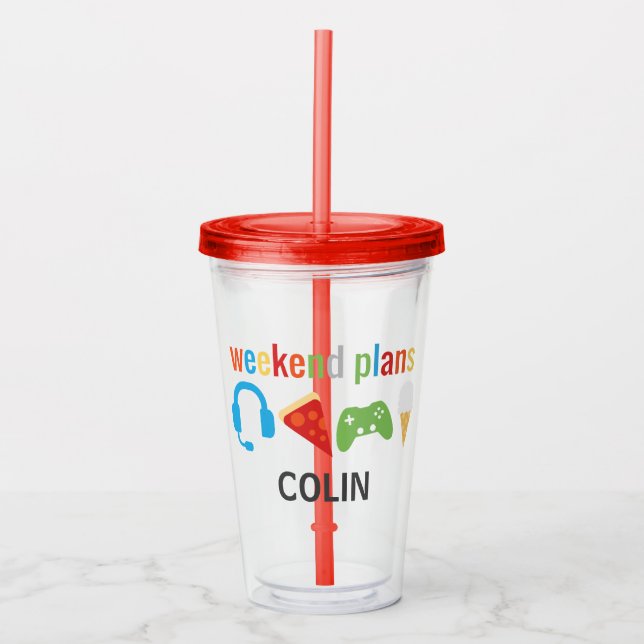 Personalised Kids Weekend Plans Video Game Food Acrylic Tumbler (Front)