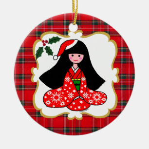 Personalised Kimono Girl Christmas Cartoon Ceramic Ornament