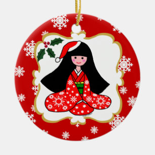 Personalised Kimono Girl Christmas Cartoon Ceramic Tree Decoration