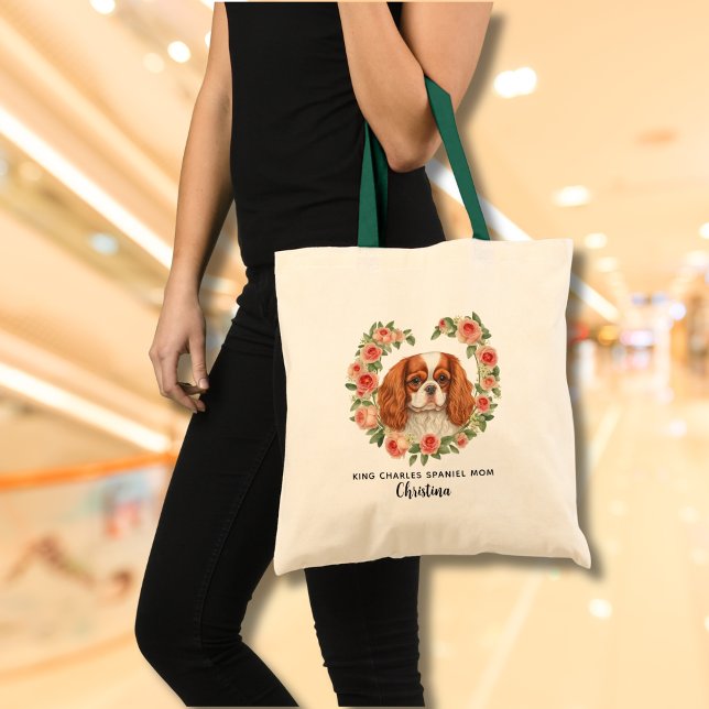 Personalised King Charles Spaniel Floral Heart Tote Bag (Add Dog Name & edit text to personalize, delete if not required)