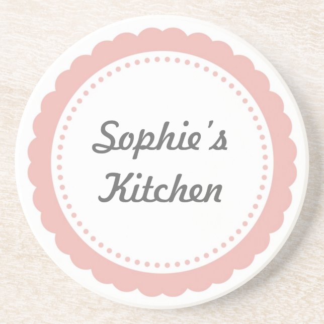 Personalised kitchen coaster dull pink scallop (Front)