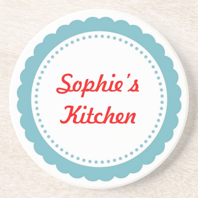 Personalised kitchen coaster pale blue scallop (Front)