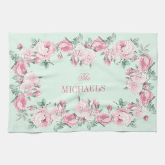 Personalised kitchen towel pink mint floral