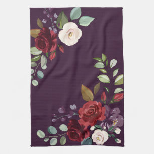 Personalised Kitchen Towel Plum Purple Roses Gold