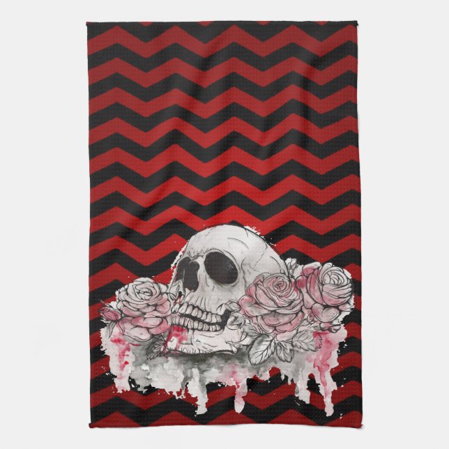 Personalised Kitchen Towel skull Rose goth Chevron (Vertical)