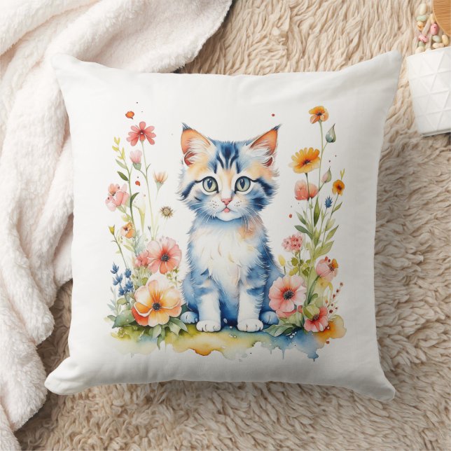 Personalised Kitten and Flowers Baby Name Cushion (Blanket)