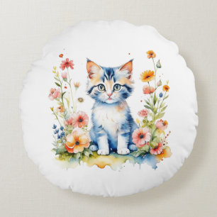 Personalised Kitten and Flowers Baby Name Round Cushion