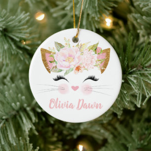Personalised Kitten Face Girl's Pink Ceramic Ornament