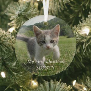Personalised Kitten Photo Cat First Christmas Glass Tree Decoration
