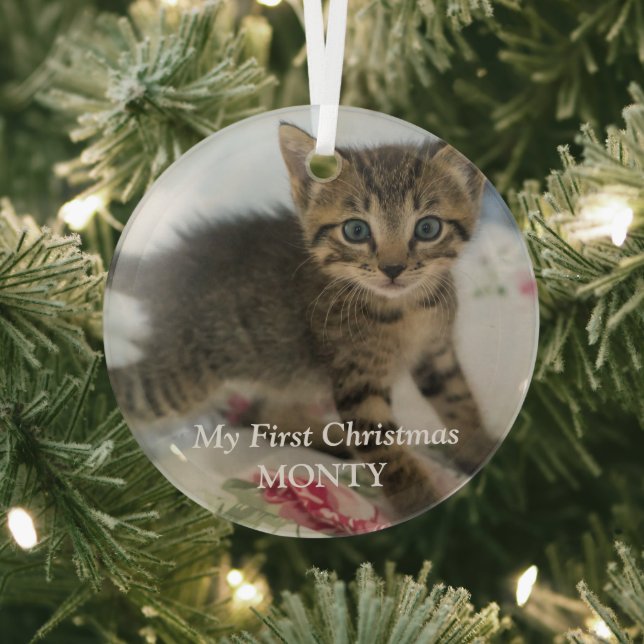 Personalised Kitten Photo Cat First Christmas Glass Tree Decoration (Insitu)