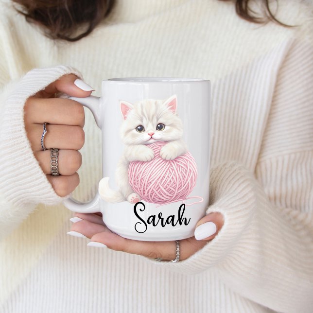 Personalised | Kitten Yarn Play Time Mug (Personalized kitten pink yarn play mug. )
