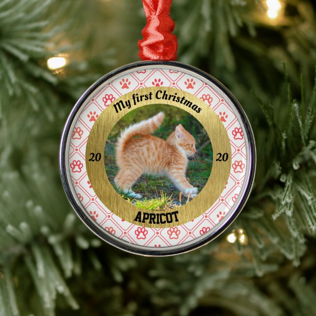 Personalised Kitten's First Christmas Photo Metal Ornament (Tree)