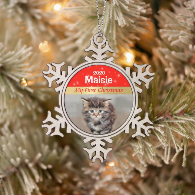 Personalised Kitten's First Christmas Photo Snowfl Snowflake Pewter Christmas Ornament (Tree)