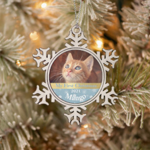 Personalised Kitten's First Christmas Photo Snowflake Pewter Christmas Ornament