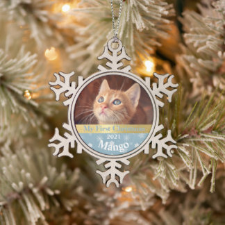 Personalised Kitten's First Christmas Photo Snowflake Pewter Christmas Ornament