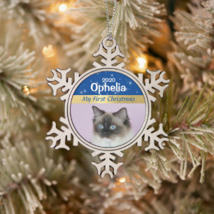 Personalised Kitten's First Christmas Photo Snowflake Pewter Christmas Ornament