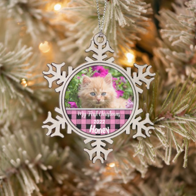 Personalised Kitten's First Christmas Pink Check Snowflake Pewter Christmas Ornament (Tree)