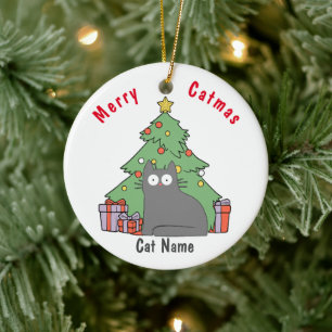 Personalised Kitty Cat Christmas grey cat Ceramic Ornament
