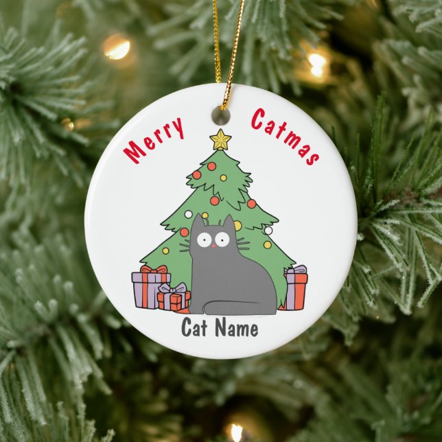 Personalised Kitty Cat Christmas grey cat Ceramic Ornament (Tree)