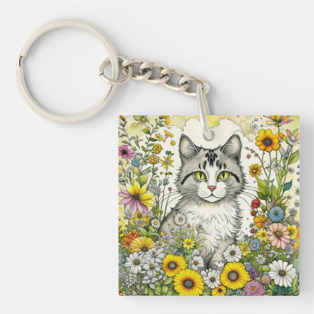 Personalised  Kitty Cat Sitting in Flowers  Key Ring (Front)