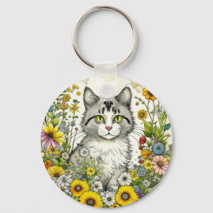 Personalised  Kitty Cat Sitting in Flowers  Key Ring