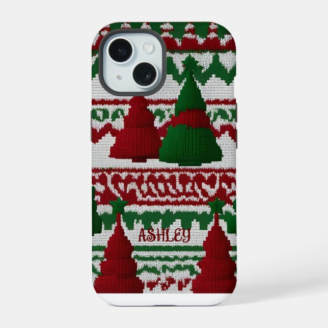Personalised knitted Christmas tree pattern iPhone 15 Case (Back)