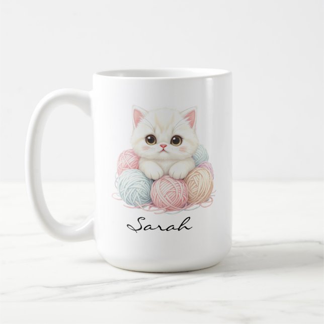 Personalised Knitting Kitten Coffee Mug (Left)
