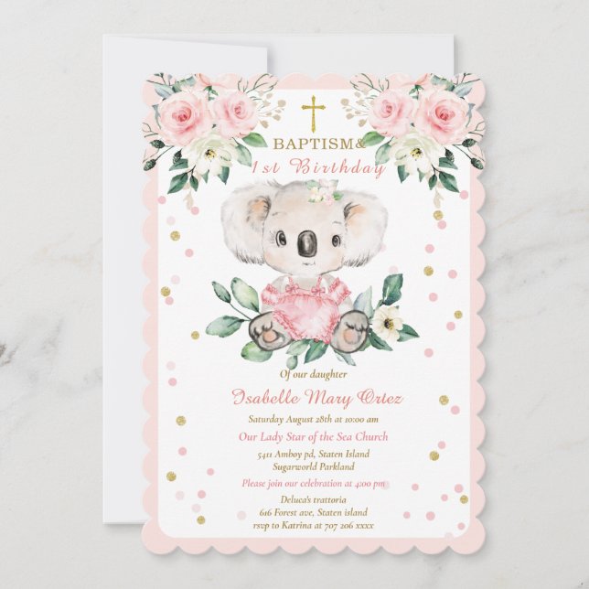 Personalised  Koala Baptism and First Birthday Invitation (Front)