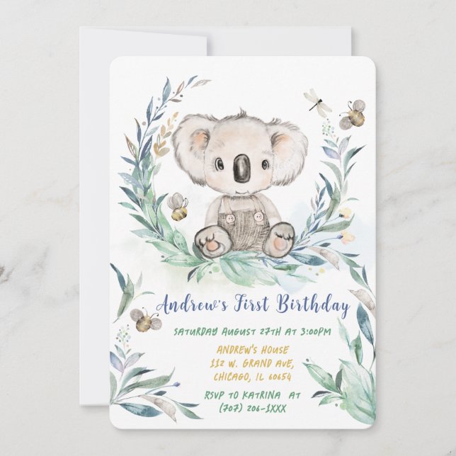 Personalised Koala Boy First Birthday Invitation (Front)