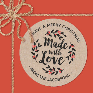 Personalised Kraft Made With Love Christmas Classic Round Sticker