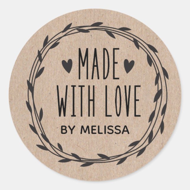 Personalised Kraft Made With Love Classic Round Sticker (Front)