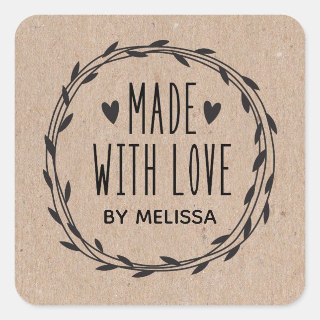 Personalised Kraft Made With Love Square Sticker (Front)