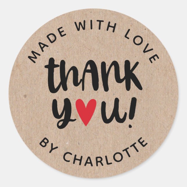 Personalised Kraft Made With Love Thank You Classic Round Sticker (Front)